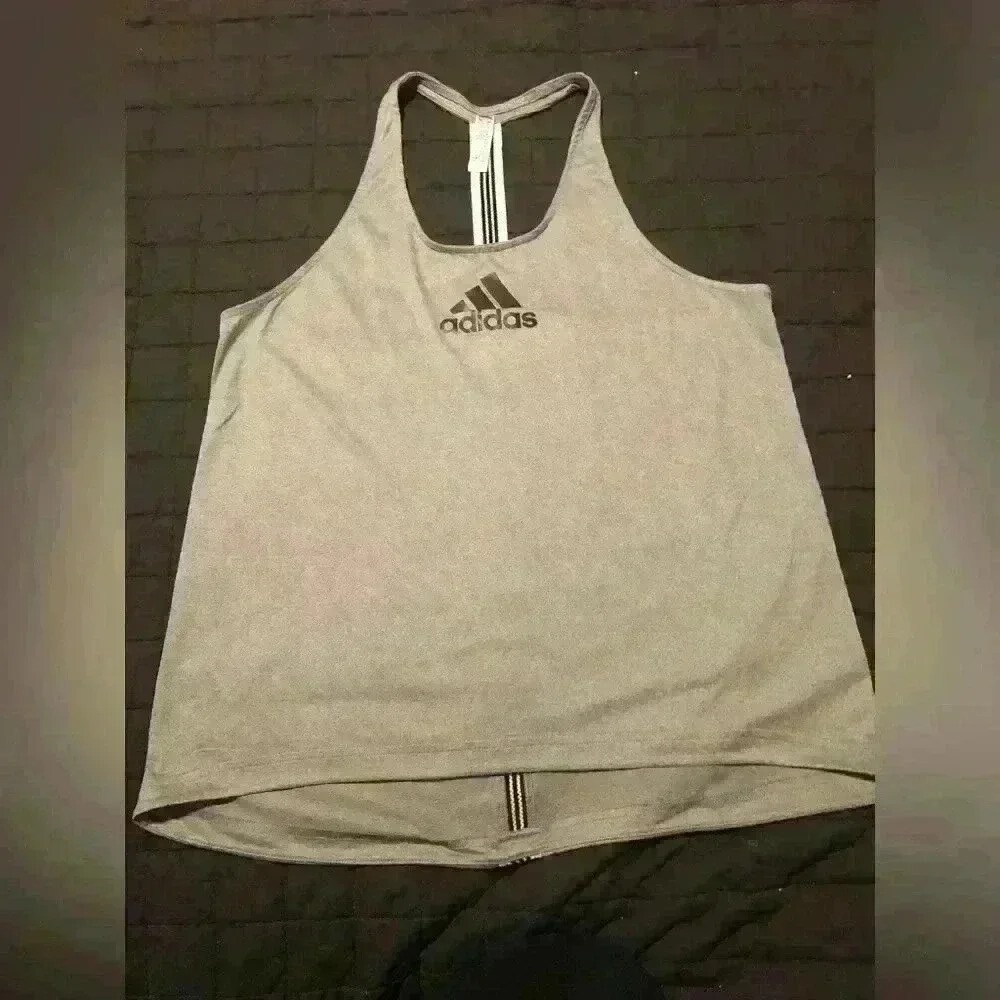 Adidas Womens Racerback Tank Top Gray Heathered Logo Back Stripe Size M